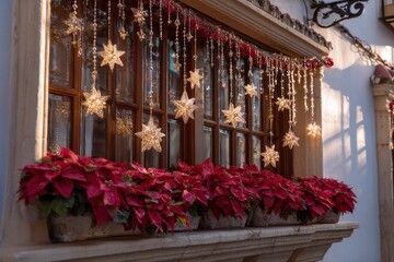 Window adorned with glowing star lights  red poinsettias festive holiday decor
