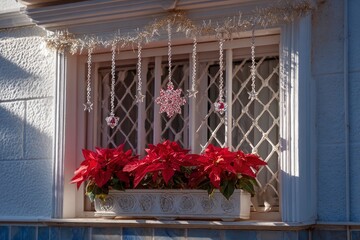 Window decorated with poinsettias and festive ornaments against a whitetiled facade