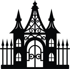 Fototapeta premium Black silhouette ornate arch top gate architecture vector icon design, classic wrought iron fence entrance doorway privacy graphic