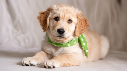 Cute golden retriever puppy lying down on white background, wearing a green polka dot scarf