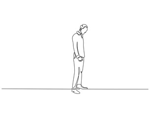 Continuous line drawing of sad businessman. Single line illustration of businessman depressed. Work trouble concept. Editable outline