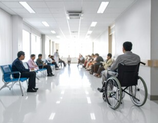 Blurred image of a hospital waiting area with many people