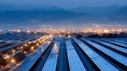 Fototapeta premium Solar panel farm rows spanning across a hillside, generating sustainable electricity for the brightly lit distant city under a dark blue twilight sky with mountains in the background