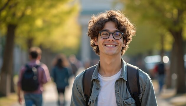 Smiling young man with curly hair wearing glasses and backpack on campus. He is happy and looking forward. Students walk in background. Young adult male with brown hair in casual clothes.