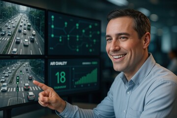 AI Traffic Management Specialist Analyzing Live Traffic Data on Multiple Screens in a Modern Control Room with a Focus on Real Time Analysis and Efficiency