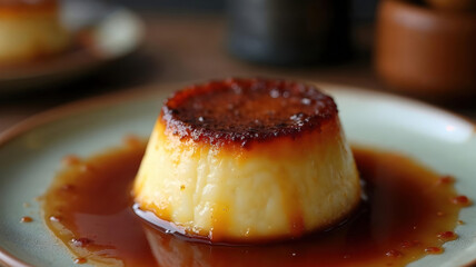 Tempting close up of delicious homemade flan dessert. This rich sweet food custard pudding with golden caramel sauce