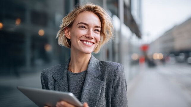 Young professional smiles while holding a tablet in an urban environment during daylight hours - Powered by Adobe