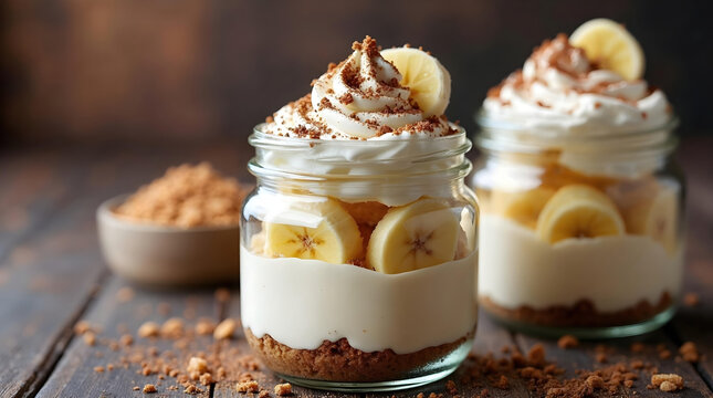 Delicious sweet banana cream pudding dessert in jar. yummy layered treat with chocolate and fresh fruit on wood table