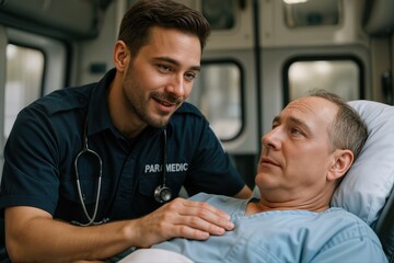 Obraz premium Ambulance Interior With A Paramedic Comforting A Patient On A Gurney In A Calm And Reassuring Manner With Natural Light Filtering Through The Windows