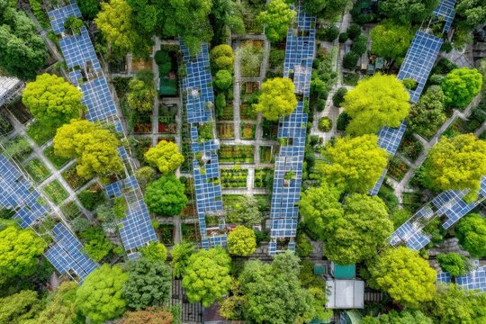 Sustainable urban agriculture with solar panels illustrating harmony between technology and nature in a vibrant green ecosystem showcasing innovation and environmental stewardship - Powered by Adobe