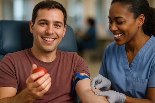 Community Blood Donation Takes Place Indoors as a Smiling Nurse Assists a Man Holding a Stress Ball, Creating a Positive and Encouraging Atmosphere