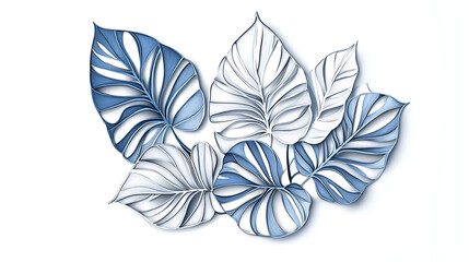 Leafy Elegance A Detailed Line Art Illustration of Tropical Foliage in Blue and White