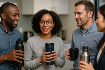 Office Break with Colleagues Holding Reusable Mugs in a Modern Workspace, Highlighting Sustainable Practices and a Casual Atmosphere