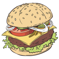 A delicious and colorful hand drawn illustration of a classic hamburger with all the fixings including lettuce tomato cheese onion pickles and a sesame seed bun isolated on a white background