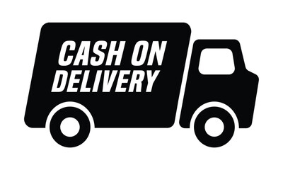 Solid black vector icon of a delivery truck with the white text 