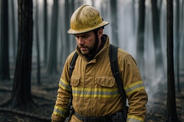 Fototapeta premium Firefighter Walking Through Smoke Filled Ashen Woods in Protective Gear With Smoldering Trees in the Background on a Misty Day