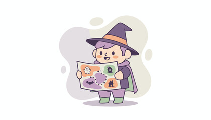 Cute wizard character holding a Halloween treasure map perfect for holiday concepts