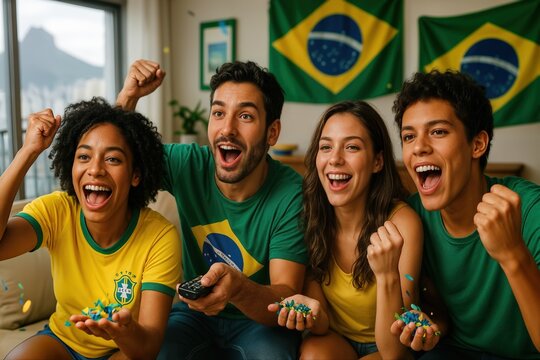 Football Fans Celebrating Indoors with Brazilian Flags, Watching a Game on TV, Expressing Excitement and Happiness, Set in Rio de Janeiro with a Mountain View - Powered by Adobe