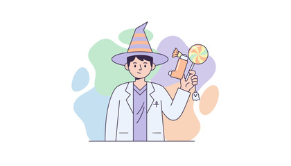 Playful doctor in wizard hat with inhaler lollipop and ghost for Halloween health concept