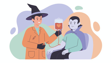 Costumed person donates blood to vampire Halloween healthcare and charity concept