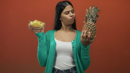 Woman in green cardigan holds pineapple while lifting bowl of chips in studio; uncertain complex...