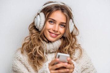 Woman with headphones holds a cell phone smiling
