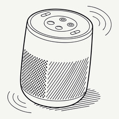 Stylized line art illustration of a smart speaker device with sound waves emanating from it representing audio output and smart technology