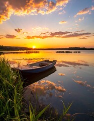 Tranquil sunset over lake with small boat