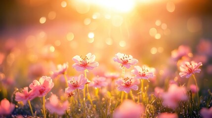 Beautiful pink flowers in a field at sunset, peaceful scene, perfect for backgrounds and nature themes