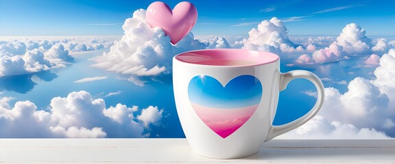 Pink heart floating in sky with white mug illustration. Shiny pink heart and mug with blue heart design. Cute heart and heart decorated mug floating above clouds.