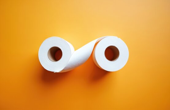 Two white toilet paper rolls forming infinity symbol on orange background. Rolls are clean and soft. Toilet paper is household item for personal hygiene and care. Everyday use product in bathroom.