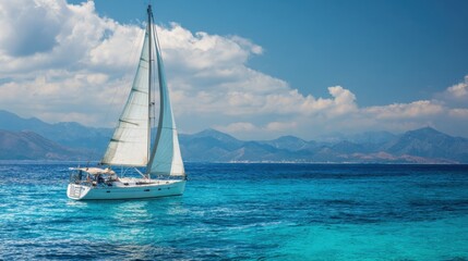 Fototapeta premium A white sailboat glides over crystal clear turquoise waters surrounded by majestic mountains and fluffy clouds on a beautiful sunny day. The scene captures tranquility and adventure.