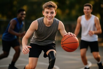 A Teenage Basketball Player With a Prosthetic Leg Dribbling The Ball On An Outdoor Court In Bright Daylight With Friends In The Background