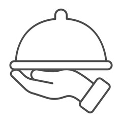 Dish with cap in hand thin line icon, waiter service concept. Vector graphics. Hot dish sign on white background, outline style icon for mobile or web design.