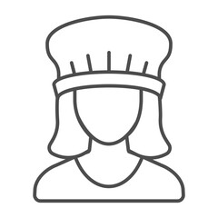 Woman, girl chef in a hat thin line icon, cooking concept. Vector graphics. Cooker sign on white background, outline style icon for mobile or web design.