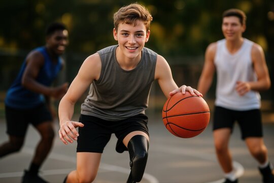 A Teenage Basketball Player With a Prosthetic Leg Dribbling The Ball On An Outdoor Court In Bright Daylight With Friends In The Background