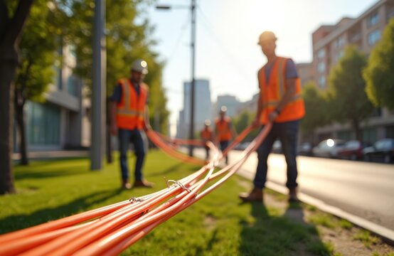 Workers in helmets and safety vests install fiber optic cables along a city street. They pull orange wires on green grass under bright sunlight. Teamwork on new internet infrastructure development.