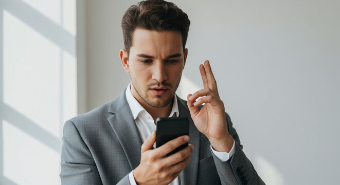 Man using voice assistant on smartphone for business communication, focused expression and professional attire