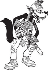 Cartoon style wolf in military gear holding assault rifle