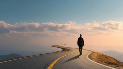 A lone man in a suit walks along a curving road at sunset surrounded by mountains and soft clouds. The scene conveys tranquility and solitude in nature.
