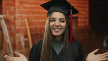 Girl wearing black graduation cap and gown smiles inside a building under construction; pride...