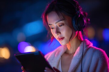 Young woman in headphones looks at tablet illuminated by neon