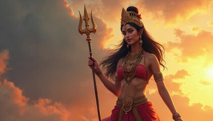 Obraz premium Hindu goddess Parvati stands with trident against sunset sky clouds. Divine feminine power, spiritual deity in traditional Indian attire. Represents strength wisdom fertility, protection. Presence