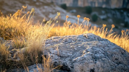 Fototapeta premium Golden grasses on mountain rock at sunset
