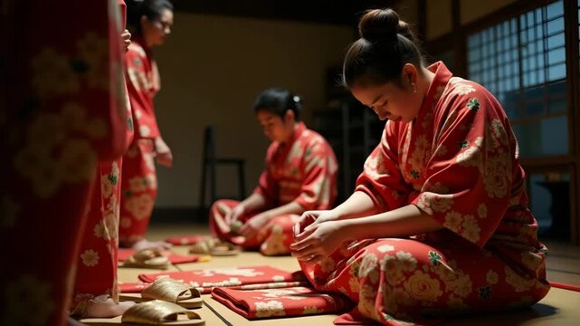 Artisan tailors adjust traditional kimono costumes and delicate geta sandals backstage preparing participants for Obon festival procession and dance performance. in  Photo Stock  Concept  and empty sp