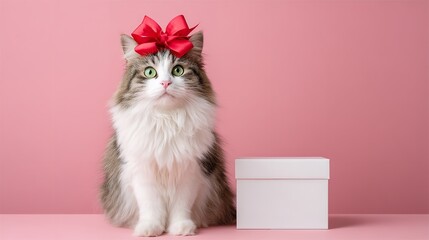 A cute cat with a red bow on its head sitting next to a white gift box on pink background