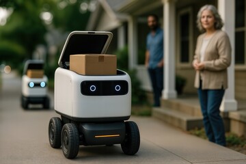 Electric Delivery Bots Operating Outdoors on a Residential Sidewalk with People Observing Nearby in Natural Daylight Setting