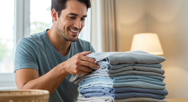 Man folding wrinkled laundry indoors in cozy home setting, domestic chores and relaxation