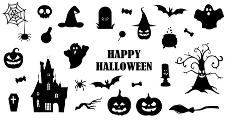 Silhouettes of Happy Halloween on a white background. Vector illustration