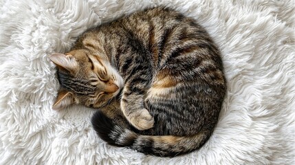 A tabby cat is curled up asleep on a white fluffy blanket, looking cozy and comfortable